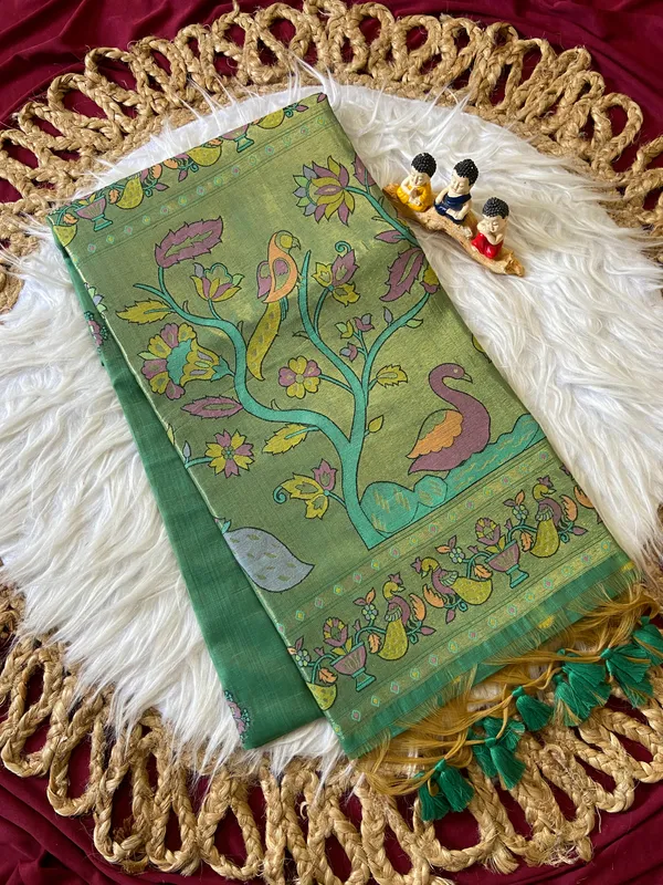 Premium_Soft_Muga_Cotton_Paithani_sarees_with_Beautiful_Weaving_Design_Featuring_Jungle_Theme_And_Swan_Motifs_Pallu_With_Attractive_All_Over_Resham_Weaving_Butti_Design_And_Resham_Weaving_Butti_Blouse_With_Fancy_Tassels