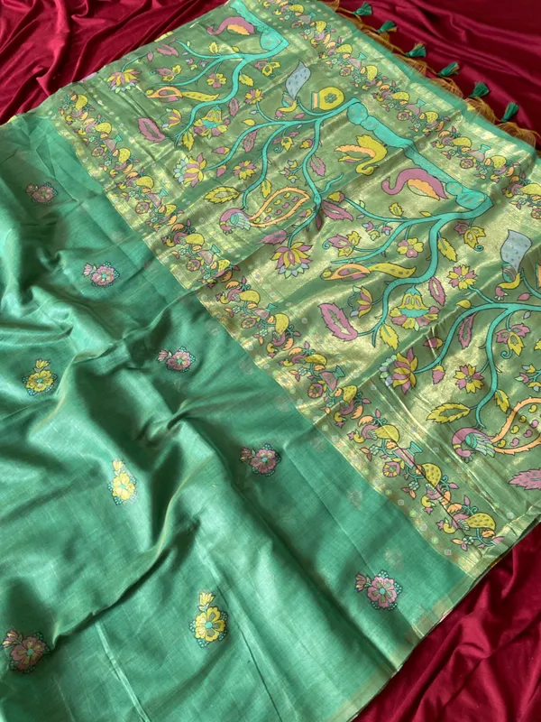 Premium_Soft_Muga_Cotton_Paithani_sarees_with_Beautiful_Weaving_Design_Featuring_Jungle_Theme_And_Swan_Motifs_Pallu_With_Attractive_All_Over_Resham_Weaving_Butti_Design_And_Resham_Weaving_Butti_Blouse_With_Fancy_Tassels