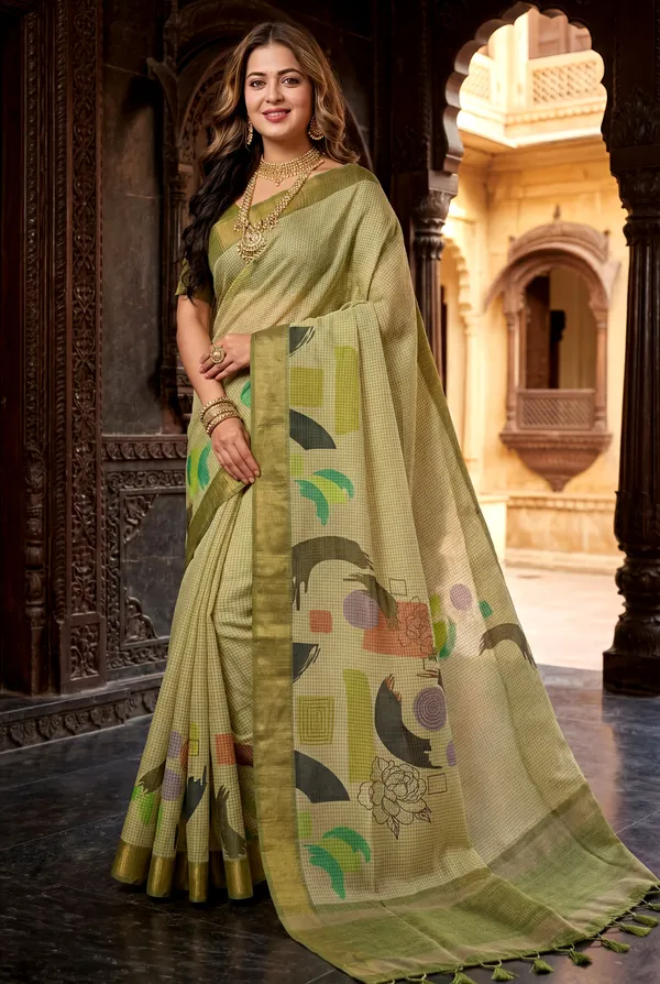 Soft_Tussar_Silk_sarees_with_Beautiful_Digital_Print_With_Attractive_Checks_Design_Saree_And_Digital_Print_Blouse_With_Tassels
