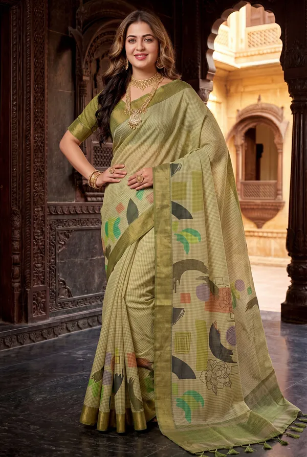 Soft_Tussar_Silk_sarees_with_Beautiful_Digital_Print_With_Attractive_Checks_Design_Saree_And_Digital_Print_Blouse_With_Tassels