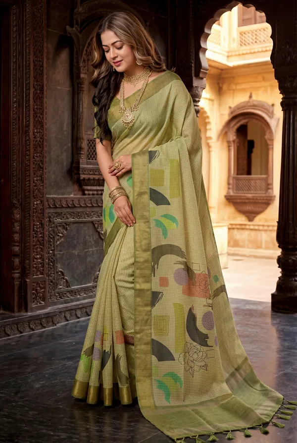 Soft_Tussar_Silk_sarees_with_Beautiful_Digital_Print_With_Attractive_Checks_Design_Saree_And_Digital_Print_Blouse_With_Tassels