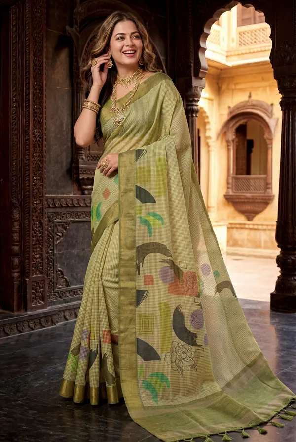 Soft_Tussar_Silk_sarees_with_Beautiful_Digital_Print_With_Attractive_Checks_Design_Saree_And_Digital_Print_Blouse_With_Tassels