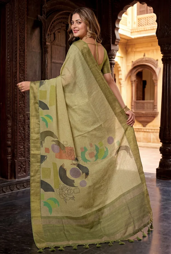 Soft_Tussar_Silk_sarees_with_Beautiful_Digital_Print_With_Attractive_Checks_Design_Saree_And_Digital_Print_Blouse_With_Tassels