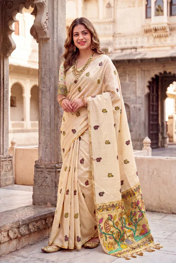 Premium_Soft_Muga_Cotton_Paithani_sarees_with_Beautiful_Weaving_Design_Featuring_Jungle_Theme_And_Swan_Motifs_Pallu_With_Attractive_All_Over_Resham_Weaving_Butti_Design_And_Resham_Weaving_Butti_Blouse_With_Fancy_Tassels