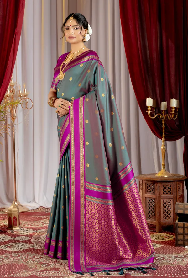 Narayana_Pattu_Narayanpet_Silk_sarees_with_Beautiful_Booti_in_Contrast_Violet-Grey_Shades_With_Attractive_Weaving_Gold_Zari_Design_And_Contrast_Blouse_With_Tassels