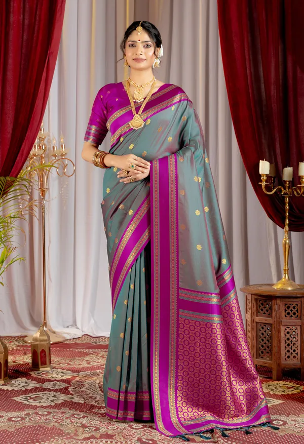 Narayana_Pattu_Narayanpet_Silk_sarees_with_Beautiful_Booti_in_Contrast_Violet-Grey_Shades_With_Attractive_Weaving_Gold_Zari_Design_And_Contrast_Blouse_With_Tassels