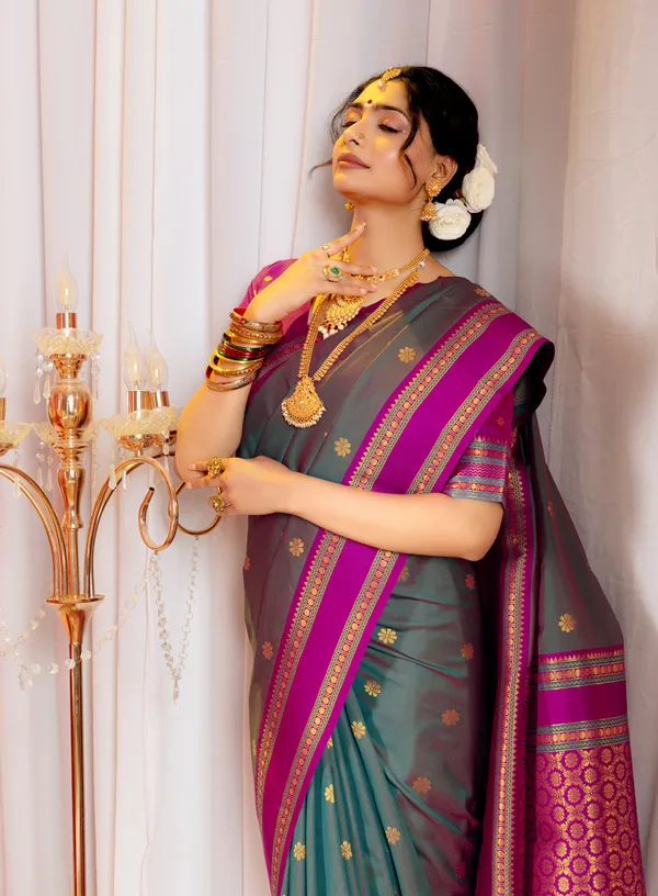 Narayana_Pattu_Narayanpet_Silk_sarees_with_Beautiful_Booti_in_Contrast_Violet-Grey_Shades_With_Attractive_Weaving_Gold_Zari_Design_And_Contrast_Blouse_With_Tassels