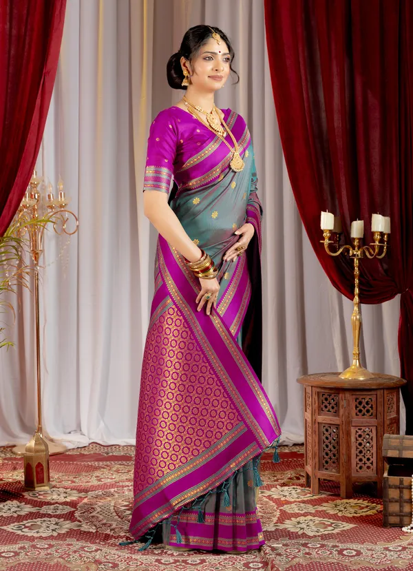 Narayana_Pattu_Narayanpet_Silk_sarees_with_Beautiful_Booti_in_Contrast_Violet-Grey_Shades_With_Attractive_Weaving_Gold_Zari_Design_And_Contrast_Blouse_With_Tassels