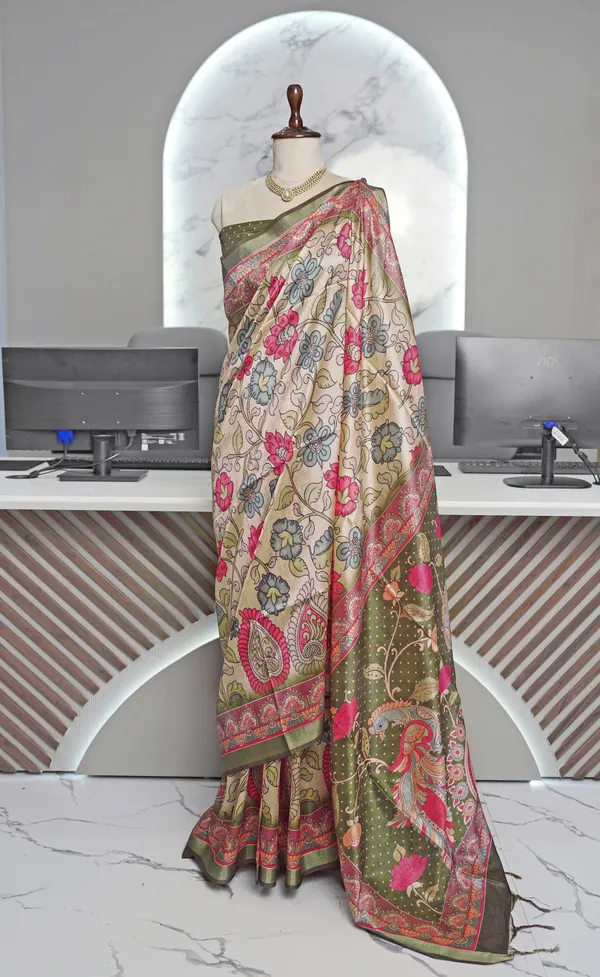 Soft_Tussar_Silk_sarees_with_Beautiful_Digital_Print_With_Attractive_Border_And_Contrast_Print_Blouse_With_Tassels