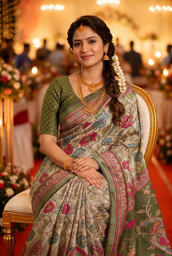 Soft_Tussar_Silk_sarees_with_Beautiful_Digital_Print_With_Attractive_Border_And_Contrast_Print_Blouse_With_Tassels