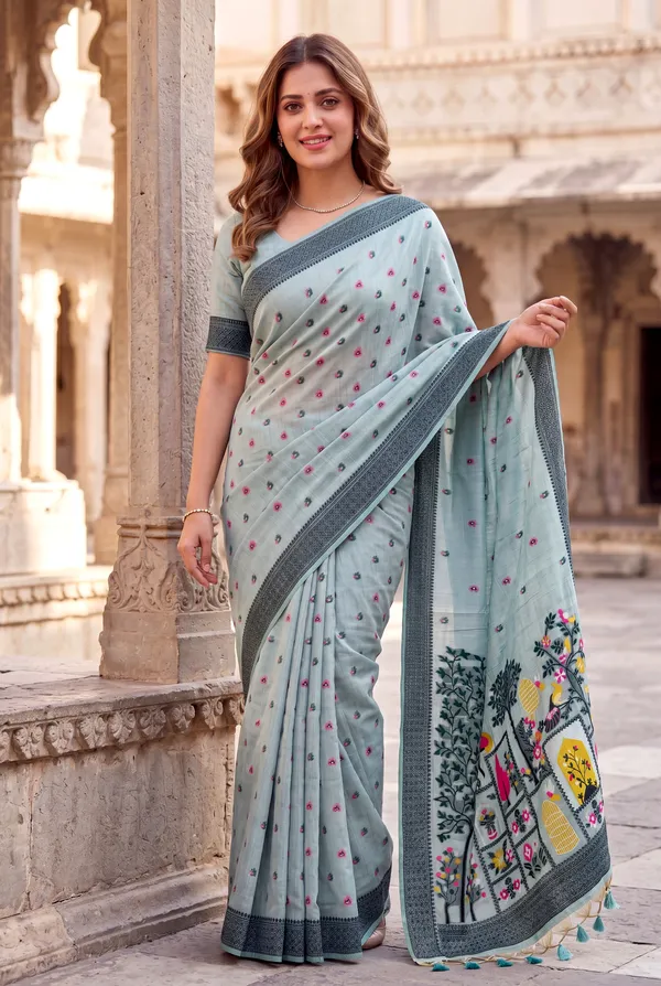 Premium_Soft_Jamdani_Cotton_sarees_with_Beautiful_Colourfull_3D_Woven_Peacock_Design_Pallu_With_Attractive_All_Over_Resham_Weaving_Butti_Design_With_Resham_Weaving_Border_And_Running_Blouse_With_Fancy_Tassels