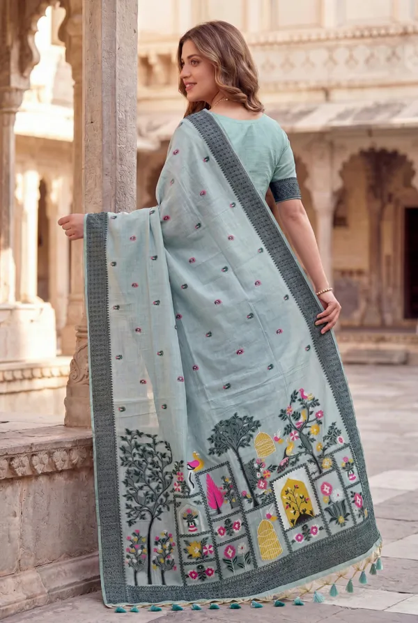 Premium_Soft_Jamdani_Cotton_sarees_with_Beautiful_Colourfull_3D_Woven_Peacock_Design_Pallu_With_Attractive_All_Over_Resham_Weaving_Butti_Design_With_Resham_Weaving_Border_And_Running_Blouse_With_Fancy_Tassels