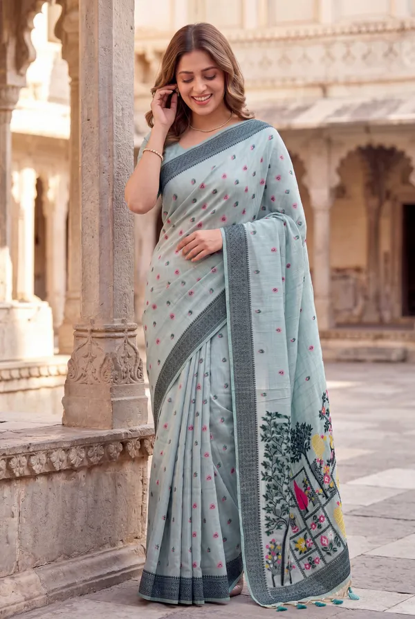 Premium_Soft_Jamdani_Cotton_sarees_with_Beautiful_Colourfull_3D_Woven_Peacock_Design_Pallu_With_Attractive_All_Over_Resham_Weaving_Butti_Design_With_Resham_Weaving_Border_And_Running_Blouse_With_Fancy_Tassels