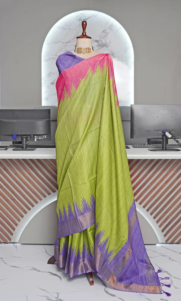 Soft_Tussar_Silk_sarees_with_Beautiful_Digital_Print_With_Attractive_Checks_Design_Saree_And_Digital_Print_Blouse_With_Tassels