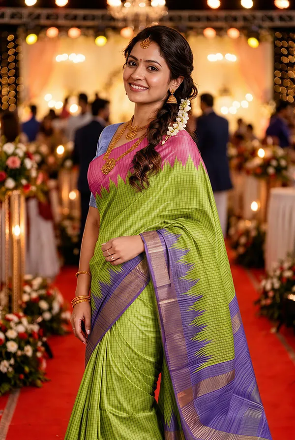Soft_Tussar_Silk_sarees_with_Beautiful_Digital_Print_With_Attractive_Checks_Design_Saree_And_Digital_Print_Blouse_With_Tassels