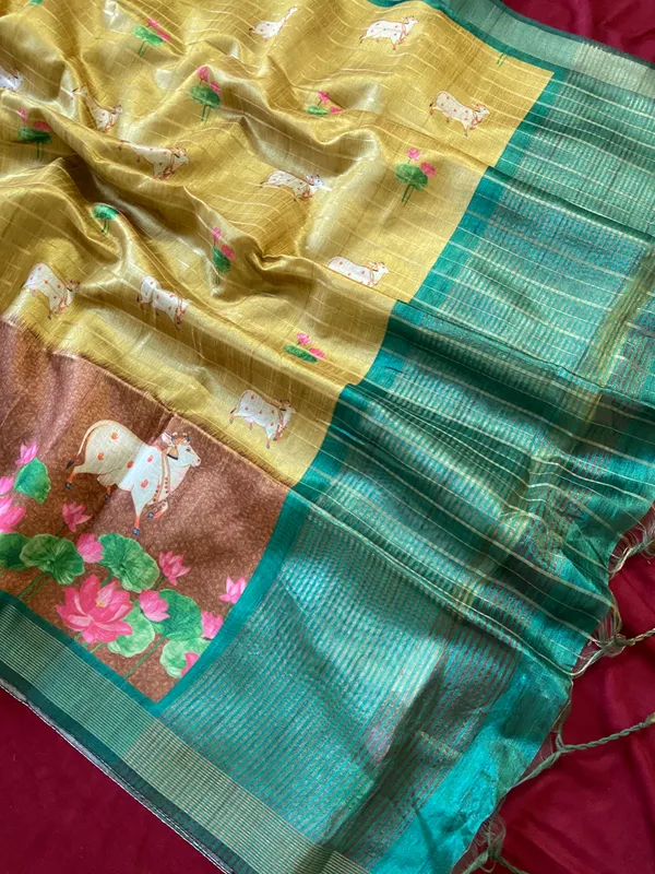 Soft_Semi_Tussar_Silk_sarees_with_Beautiful_Digital_Print_With_Attractive_Border_And_Contrast_Print_Blouse_With_Tassels