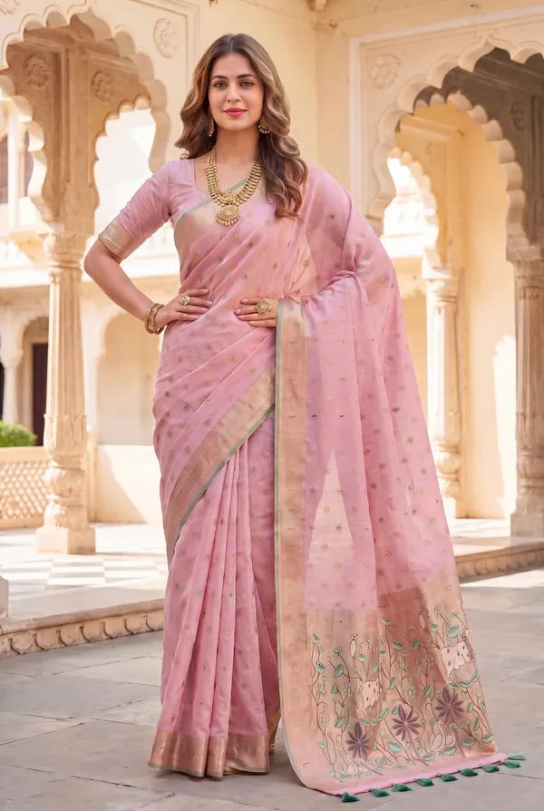 Premium_Soft_Muga_Cotton_Paithani_sarees_with_Beautiful_Colourfull_3D_Woven_Cow_Design_Pallu_With_Attractive_All_Over_Resham_Weaving_Butti_Design_With_Zari_Weaving_Border_And_Resham_Weaving_Butti_Blouse_With_Fancy_Tassels