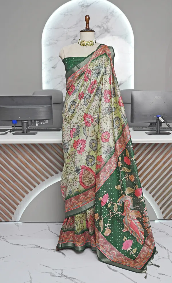 Soft_Tussar_Silk_sarees_with_Beautiful_Digital_Print_With_Attractive_Border_And_Contrast_Print_Blouse_With_Tassels