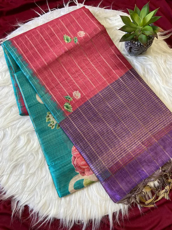 Soft_Semi_Tussar_Silk_sarees_with_Beautiful_Digital_Print_With_Attractive_Border_And_Contrast_Print_Blouse_With_Tassels