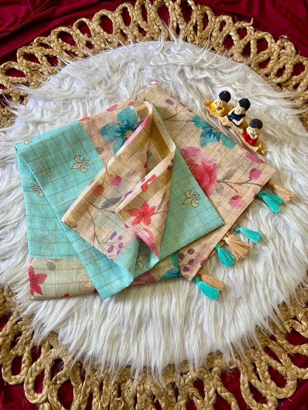 Soft_Premium_Linen_sarees_with_Beautiful_Print_With_Attractive_Checks_Design_Saree_With_Gold_Zari_Border_And_Print_Blouse_With_Tassels