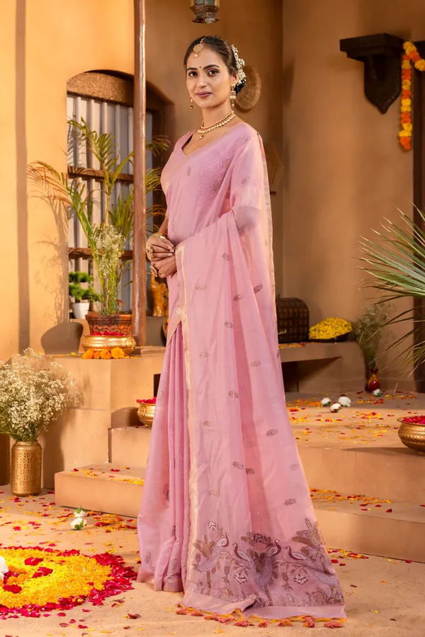 Premium_Soft_Muga_Cotton_sarees_with_Beautiful_?Colourfull_Resham_Weaving__Peacock_Design_Pallu_With_Attractive_Traditional_Zari_Weaving__With_All_Over__Resham_Weaving__And_Resham_Weaving_Butti_Blouse_With_Fancy_Tassels