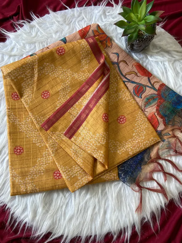 Soft_Tussar_Silk_sarees_with_Beautiful_Style_Of_Kalamkari_Digital_Print_With_Attractive_Border_And_Contrast_Print_Blouse_With_Tassels