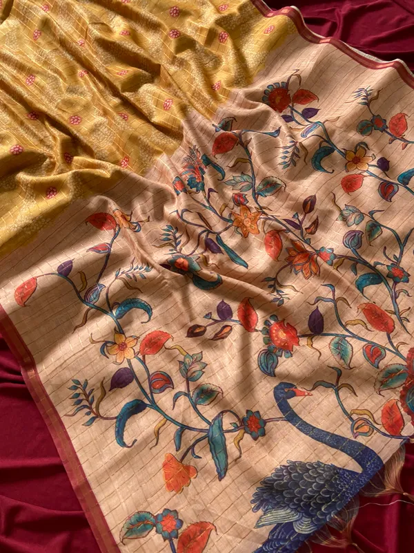 Soft_Tussar_Silk_sarees_with_Beautiful_Style_Of_Kalamkari_Digital_Print_With_Attractive_Border_And_Contrast_Print_Blouse_With_Tassels