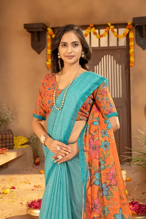 Soft_Semi_Tussar_Silk_sarees_with_Beautiful_Digital_Print_With_Attractive_Border_And_Contrast_Print_Blouse_With_Tassels