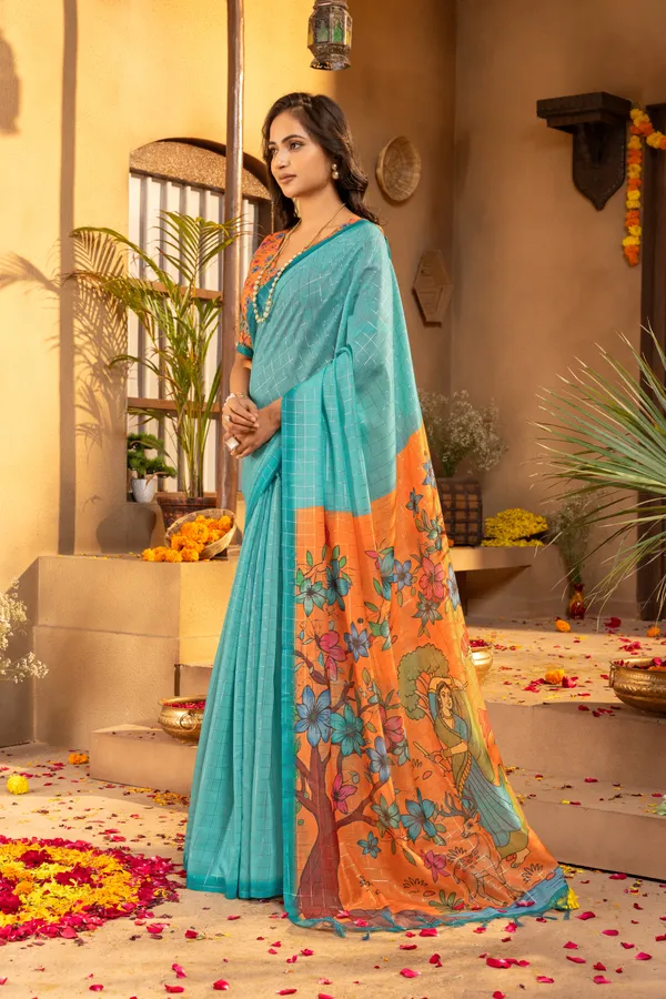 Soft_Semi_Tussar_Silk_sarees_with_Beautiful_Digital_Print_With_Attractive_Border_And_Contrast_Print_Blouse_With_Tassels