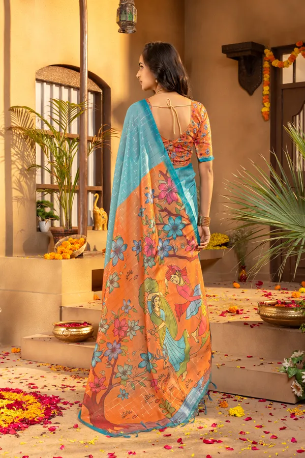 Soft_Semi_Tussar_Silk_sarees_with_Beautiful_Digital_Print_With_Attractive_Border_And_Contrast_Print_Blouse_With_Tassels