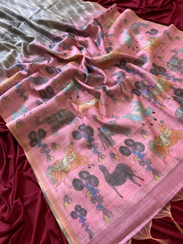 Soft_Tussar_Silk_sarees_with_Beautiful_Srikalahasti_Style_Of_Kalamkari_Digital_Print_With_Attractive_Border_And_Contrast_Print_Blouse_With_Tassels