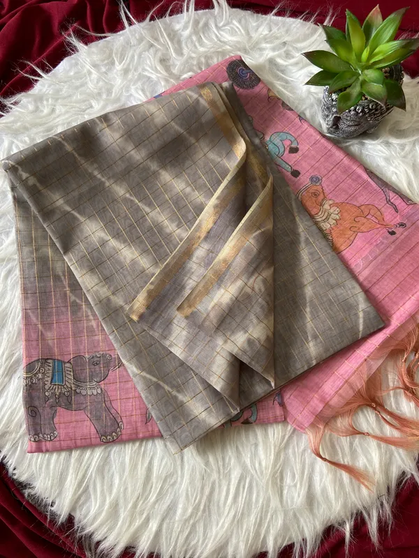 Soft_Tussar_Silk_sarees_with_Beautiful_Srikalahasti_Style_Of_Kalamkari_Digital_Print_With_Attractive_Border_And_Contrast_Print_Blouse_With_Tassels