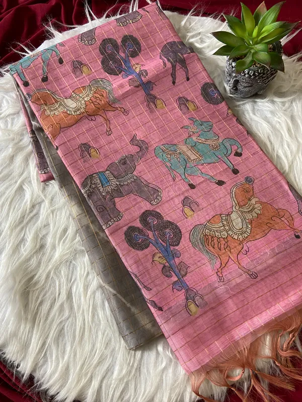 Soft_Tussar_Silk_sarees_with_Beautiful_Srikalahasti_Style_Of_Kalamkari_Digital_Print_With_Attractive_Border_And_Contrast_Print_Blouse_With_Tassels