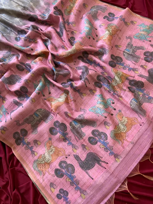 Soft_Tussar_Silk_sarees_with_Beautiful_Srikalahasti_Style_Of_Kalamkari_Digital_Print_With_Attractive_Border_And_Contrast_Print_Blouse_With_Tassels