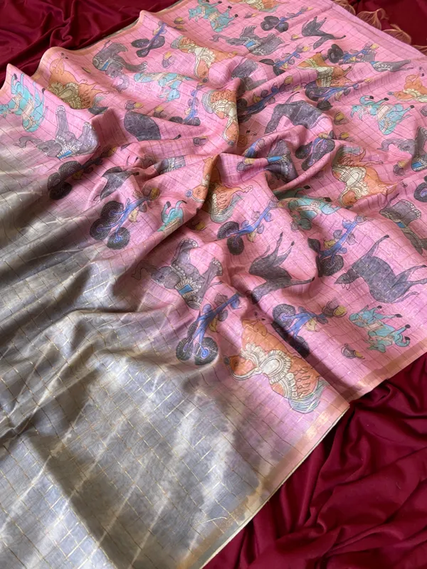 Soft_Tussar_Silk_sarees_with_Beautiful_Srikalahasti_Style_Of_Kalamkari_Digital_Print_With_Attractive_Border_And_Contrast_Print_Blouse_With_Tassels