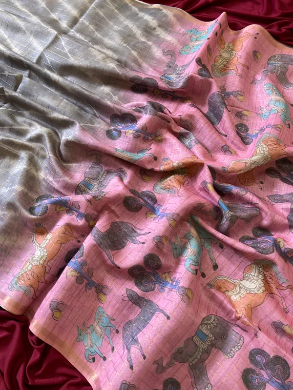 Soft_Tussar_Silk_sarees_with_Beautiful_Srikalahasti_Style_Of_Kalamkari_Digital_Print_With_Attractive_Border_And_Contrast_Print_Blouse_With_Tassels