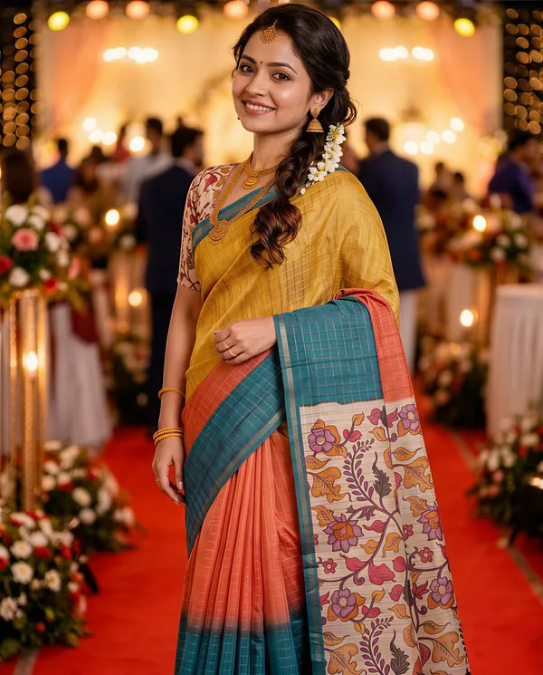 Soft_Semi_Tussar_Silk_sarees_with_Beautiful_Digital_Print_With_Attractive_Border_And_Contrast_Print_Blouse_With_Tassels