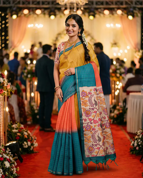 Soft_Semi_Tussar_Silk_sarees_with_Beautiful_Digital_Print_With_Attractive_Border_And_Contrast_Print_Blouse_With_Tassels