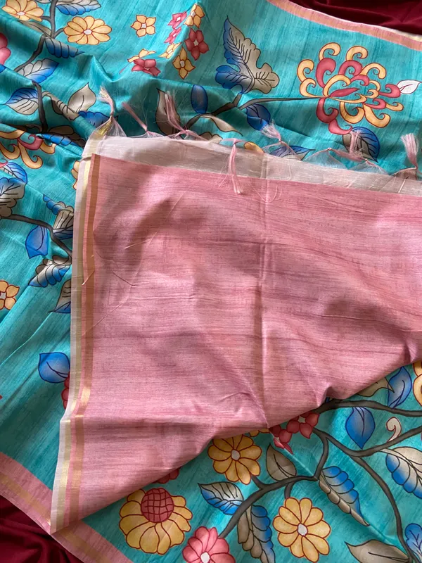 Soft_Tussar_Silk_sarees_with_Beautiful_Srikalahasti_Style_Of_Kalamkari_Print_With_Attractive_Border_And_Contrast_Print_Blouse_With_Tassels
