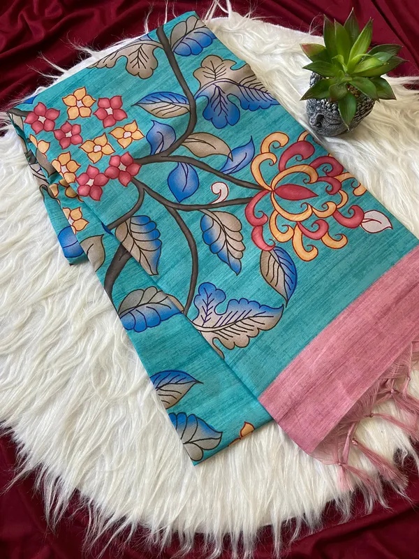 Soft_Tussar_Silk_sarees_with_Beautiful_Srikalahasti_Style_Of_Kalamkari_Print_With_Attractive_Border_And_Contrast_Print_Blouse_With_Tassels