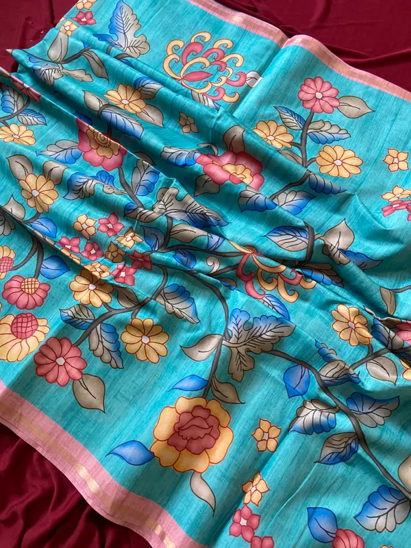 Soft_Tussar_Silk_sarees_with_Beautiful_Srikalahasti_Style_Of_Kalamkari_Print_With_Attractive_Border_And_Contrast_Print_Blouse_With_Tassels