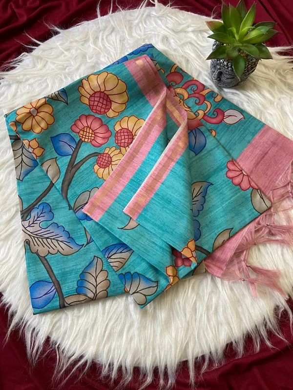 Soft_Tussar_Silk_sarees_with_Beautiful_Srikalahasti_Style_Of_Kalamkari_Print_With_Attractive_Border_And_Contrast_Print_Blouse_With_Tassels