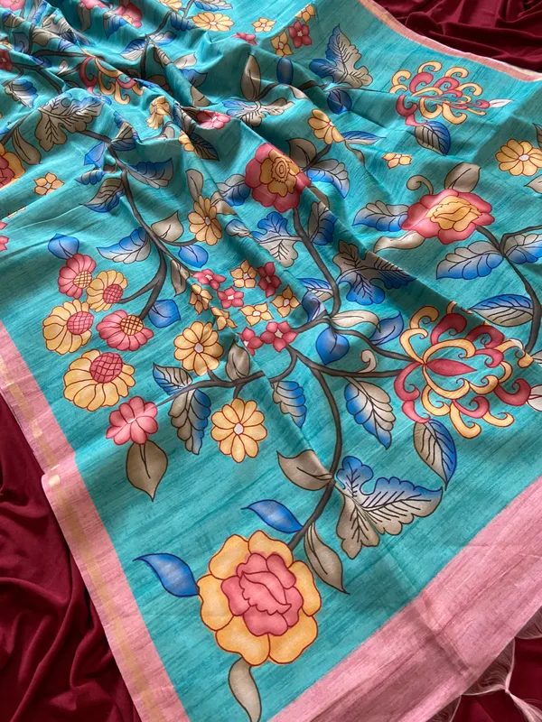 Soft_Tussar_Silk_sarees_with_Beautiful_Srikalahasti_Style_Of_Kalamkari_Print_With_Attractive_Border_And_Contrast_Print_Blouse_With_Tassels