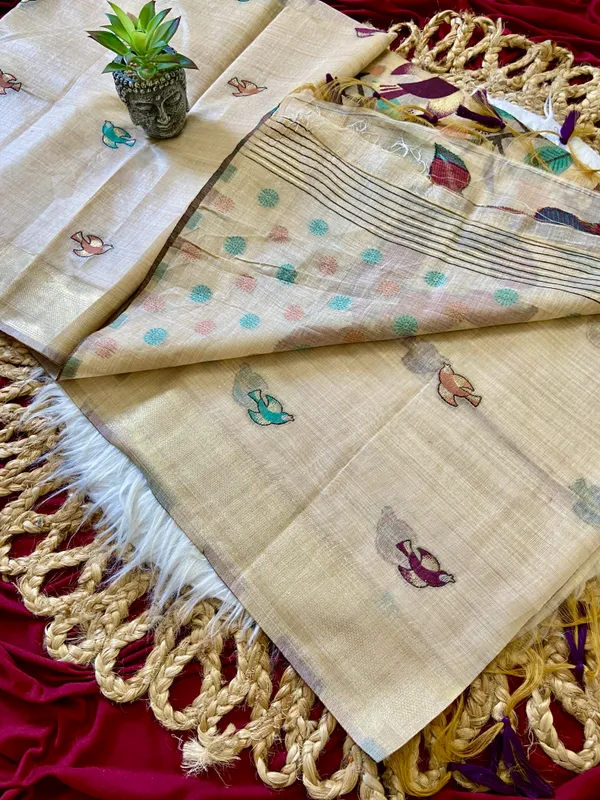 Premium_Soft_Muga_Cotton_sarees_with_Beautiful_Colourfull_Resham_Weaving_Pallu_With_Attractive_Traditional_Zari_Weaving_Border_With_All_Over_Resham_Weaving_Birds_Design_And_Resham_Weaving_Butti_Blouse_With_Fancy_Tassels