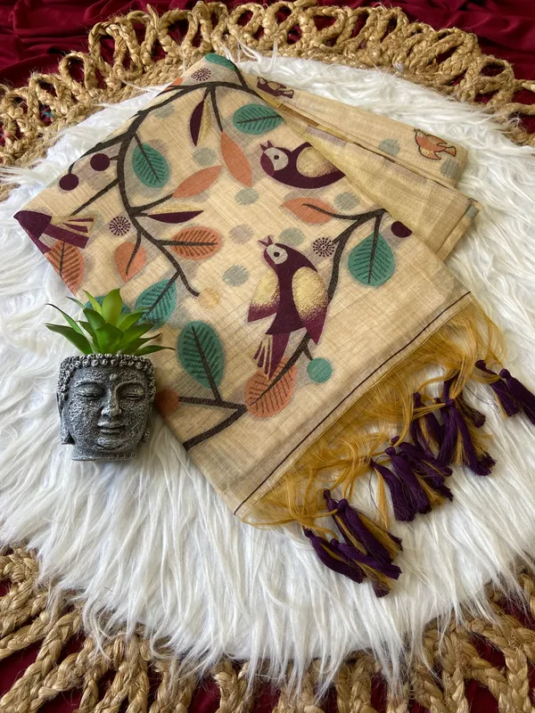 Premium_Soft_Muga_Cotton_sarees_with_Beautiful_Colourfull_Resham_Weaving_Pallu_With_Attractive_Traditional_Zari_Weaving_Border_With_All_Over_Resham_Weaving_Birds_Design_And_Resham_Weaving_Butti_Blouse_With_Fancy_Tassels