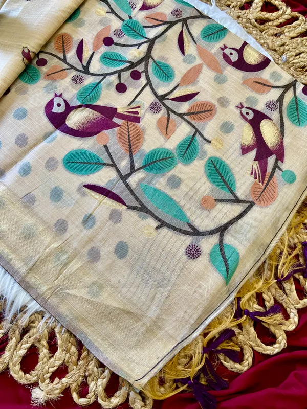 Premium_Soft_Muga_Cotton_sarees_with_Beautiful_Colourfull_Resham_Weaving_Pallu_With_Attractive_Traditional_Zari_Weaving_Border_With_All_Over_Resham_Weaving_Birds_Design_And_Resham_Weaving_Butti_Blouse_With_Fancy_Tassels