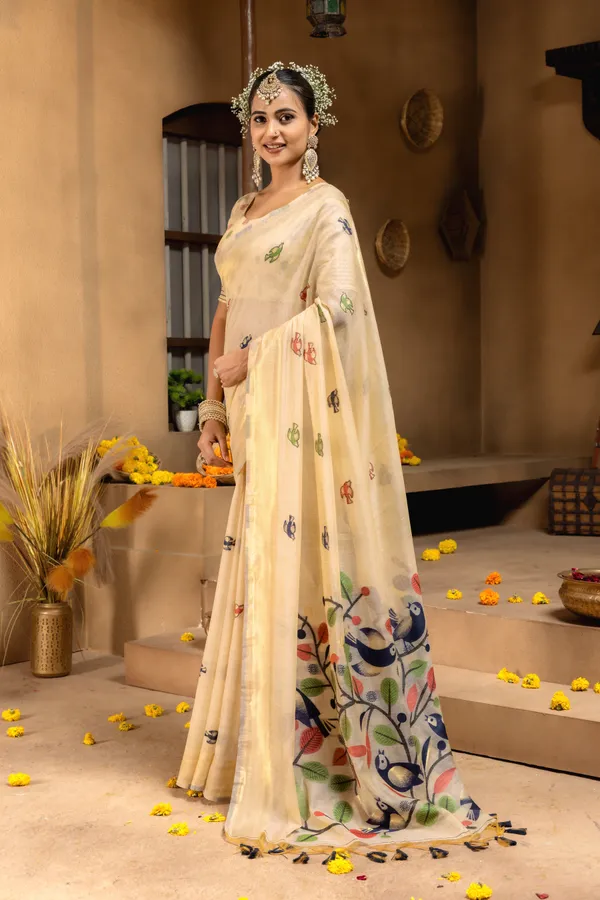 Premium_Soft_Muga_Cotton_sarees_with_Beautiful_Colourfull_Resham_Weaving_Pallu_With_Attractive_Traditional_Zari_Weaving_Border_With_All_Over_Resham_Weaving_Birds_Design_And_Resham_Weaving_Butti_Blouse_With_Fancy_Tassels