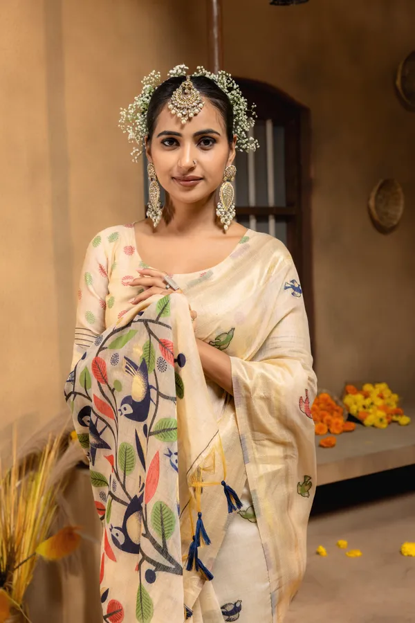 Premium_Soft_Muga_Cotton_sarees_with_Beautiful_Colourfull_Resham_Weaving_Pallu_With_Attractive_Traditional_Zari_Weaving_Border_With_All_Over_Resham_Weaving_Birds_Design_And_Resham_Weaving_Butti_Blouse_With_Fancy_Tassels