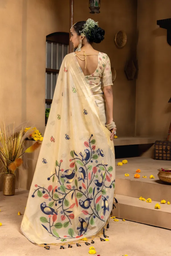 Premium_Soft_Muga_Cotton_sarees_with_Beautiful_Colourfull_Resham_Weaving_Pallu_With_Attractive_Traditional_Zari_Weaving_Border_With_All_Over_Resham_Weaving_Birds_Design_And_Resham_Weaving_Butti_Blouse_With_Fancy_Tassels