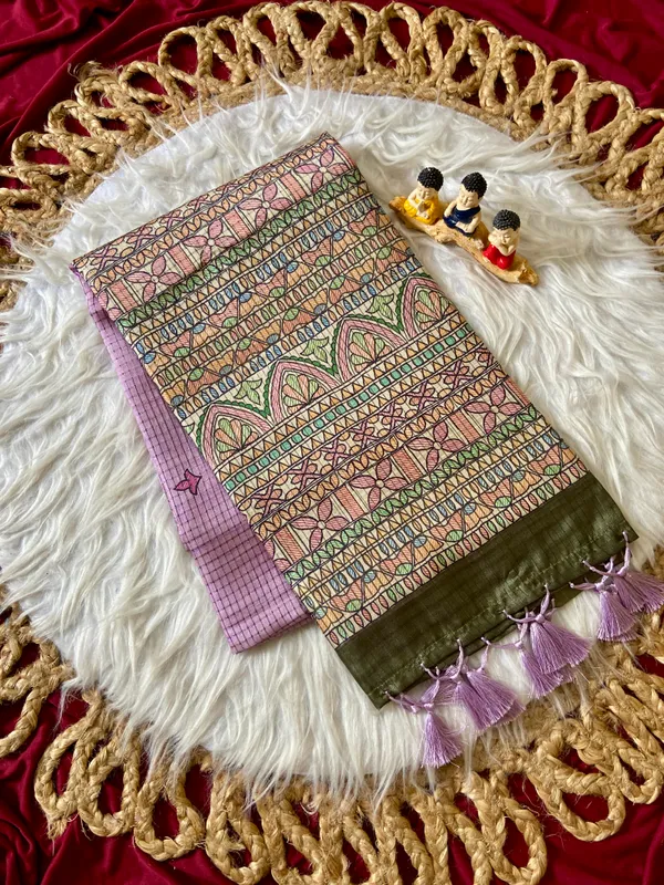 Soft_Tussar_Silk_sarees_with_Beautiful_Digital_Print_With_Attractive_Checks_Design_Saree_And_Digital_Print_Blouse_With_Tassels
